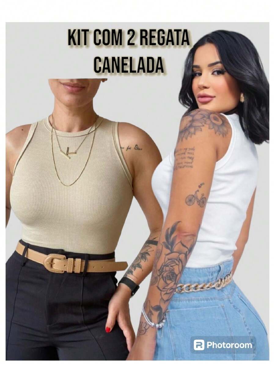 Kit 2 Ribbed Women's Tank Top - màu be và trắng - Xem 1