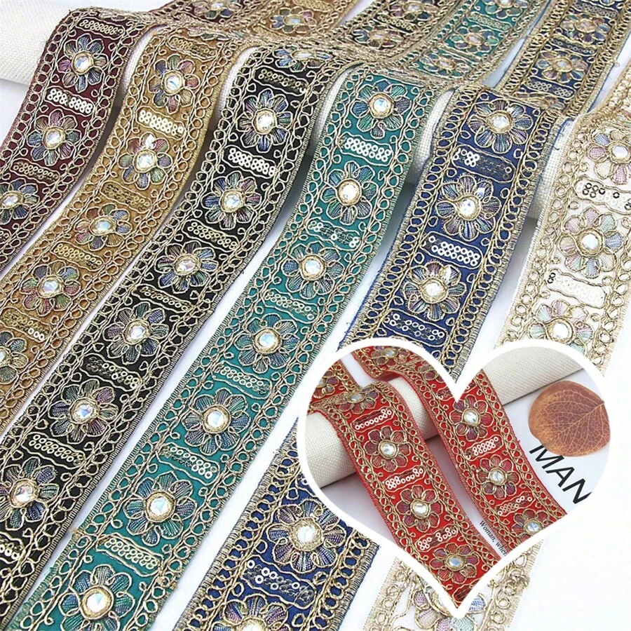 2 Yards Multicolor Metallic Thread 3D Flower Embroidered Lace Trim For Clothing Dress Hat Bag Decoration Crafts DIY Supplies - Multicolor - View 1