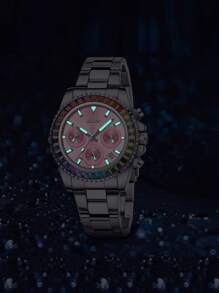 Reloj de mujer elegante y de moda BIDEN, reloj de cuarzo para negocios y ocio, cronógrafo de 12/24 horas, calendario impermeable con luz nocturna, caja arcoíris, correa de acero inoxidable, reloj de mujer + caja