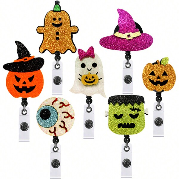 1pc/4pcs Felt Halloween Pumpkin Ghost Buckle Retractable Badge Reel Keychain Holder
