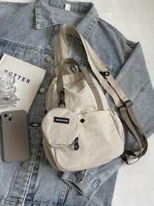 low tea 1 件男女通用纯色尼龙面料背包，可转换手提包和单肩包，适合大学生，拉链开合，日常使用 - 米色 - 查看 3