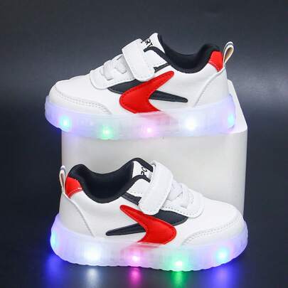 1 Pair Toddler Shoes White & Black Flashing Light Pair Sporty Pair, Comfortable Soles, Suitable For 13.5-15.5cm Foot Length, Fashionable And Versatile
