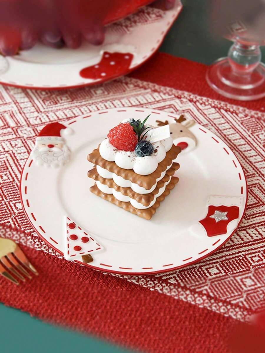 1pc Creative And Cute Christmas Gift Ceramic Round Plate, High-Quality Embossed Dessert Plate, Dinnerware - Multicolor - View 1