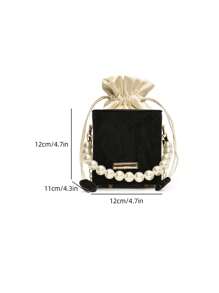 1pc Mini Pearl Chain Decor Solid Color PU Drawstring Crossbody Bag, Suitable For Women's Daily Use - Black - View 2