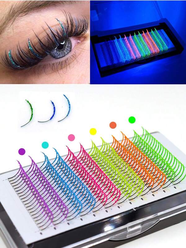 Faux Cils Brillants Fluorescents Uv, Lumineux Dans L'obscurité, Extension De Cil Individuel Mixte De Couleur, Boucle D, 20pcs / Rangée