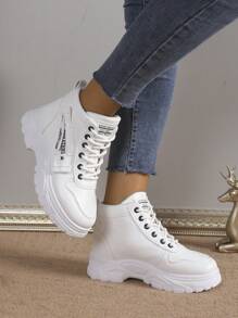 Nuove sneaker casual alte da donna con punta tonda, allacciate, in stile patchwork a contrasto di colori, versatili, adatte per l'aperto e il campus, stile autunno/inverno - Bianco - Visualizzare 3