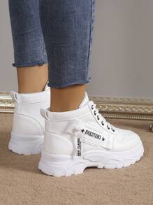 Nuove sneaker casual alte da donna con punta tonda, allacciate, in stile patchwork a contrasto di colori, versatili, adatte per l'aperto e il campus, stile autunno/inverno - Bianco - Visualizzare 4