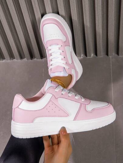 Zapatillas deportivas minimalistas y clásicas de dedo redondo para el tiempo libre, color rosa y blanco, con cordones, suela gruesa, adecuadas para estudiantes, skateboarding, campus y deportes, cómodas y transpirables