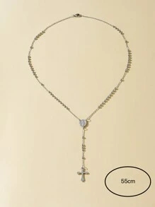1pc Fashionable Stainless Steel Bead Decor Cross Pendant Necklace For Women For Daily Decoration