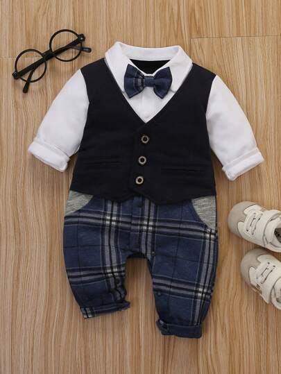 Trajes de caballero para bebé niño de manga larga, conjunto de 2 piezas con mono y corbata de moño, para Navidad