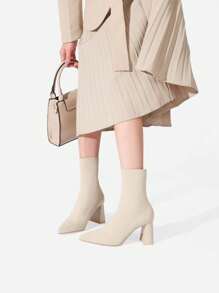Women's Autumn New Pointed Toe High Heel Party Short Boots, European & American Style Chunky Heel Ankle Boots, Elastic Slim Fit Vacation Boots, Fashion Boots - Apricot - View 2