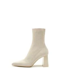 Women's Autumn New Pointed Toe High Heel Party Short Boots, European & American Style Chunky Heel Ankle Boots, Elastic Slim Fit Vacation Boots, Fashion Boots - Apricot - View 5