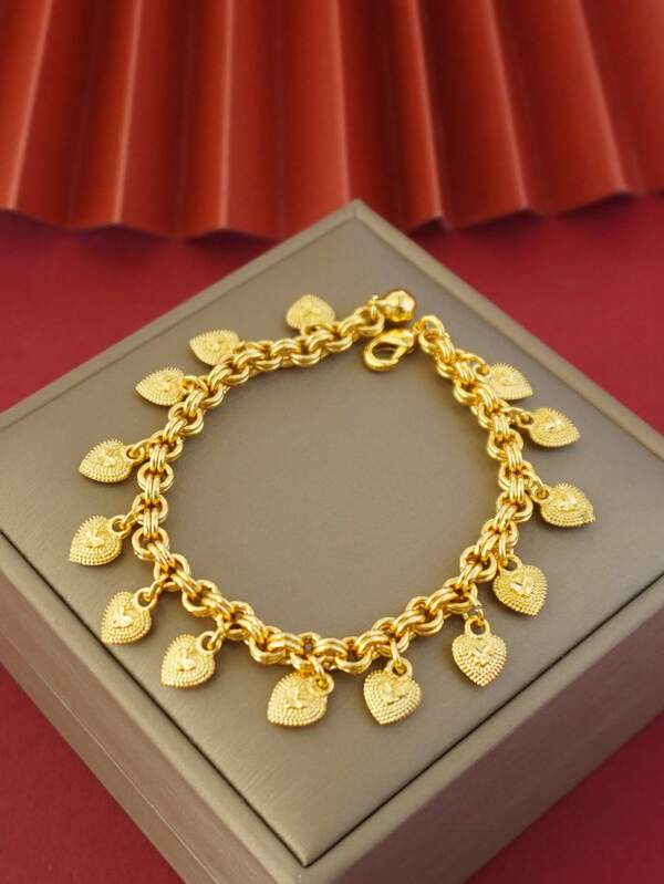 Bracciali placcati in oro 24 carati in rame, ciondolo a forma di cuore, adatti per le donne per l'uso quotidiano, come regali per feste di nozze, festa e San Valentino