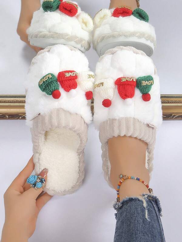Women's Plush Criss-Cross Platform Slippers, Soft & Comfortable Open Toe Non-Slip Indoor Slippers, Home Slippers Christmas Hat Slippers
