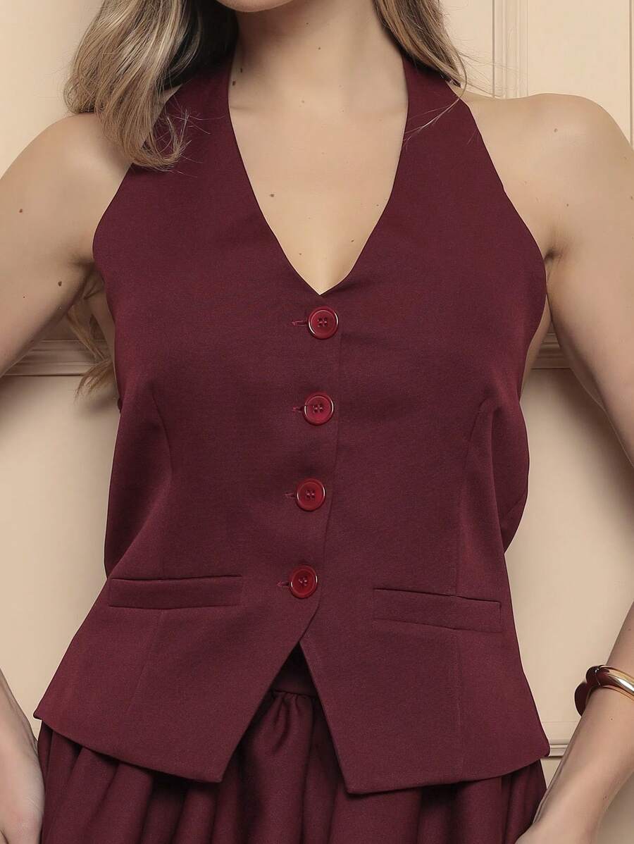 New Fashion Trend, Simple And Sexy Set Vest With Skirt - Màu Đỏ Sâu - Xem 1