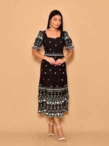 Helena Crepe Printed Midi Dress With Short Sleeves - Black - View 2