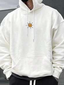 Men's Outdoor Adventure Element Print Drawstring Hoodie Sweatshirt, Back To School, Autumn/Winter, Long Sleeve Top - White - View 5