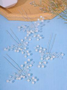 4 件装优雅浪漫女士发夹、新娘婚礼发饰、女士公主舞会派对装饰发夹 - 銀色 - 查看 4