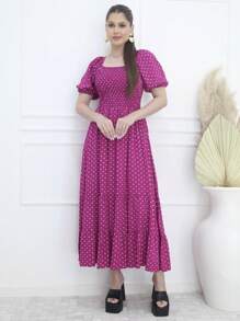 Polka Dot Dress In Cinnamon Viscose With Puff Sleeves - 紫色 - 查看 3