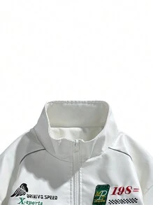 Men Long Sleeve PU Leather Embroidered Moto Jacket, For Fall Winter - White - View 3