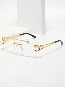1 pièce Lunettes rectangulaires à monture métallique sans monture, avec décoration tête de tigre, verres transparents. Pour homme, pour l'automne/hiver et Halloween