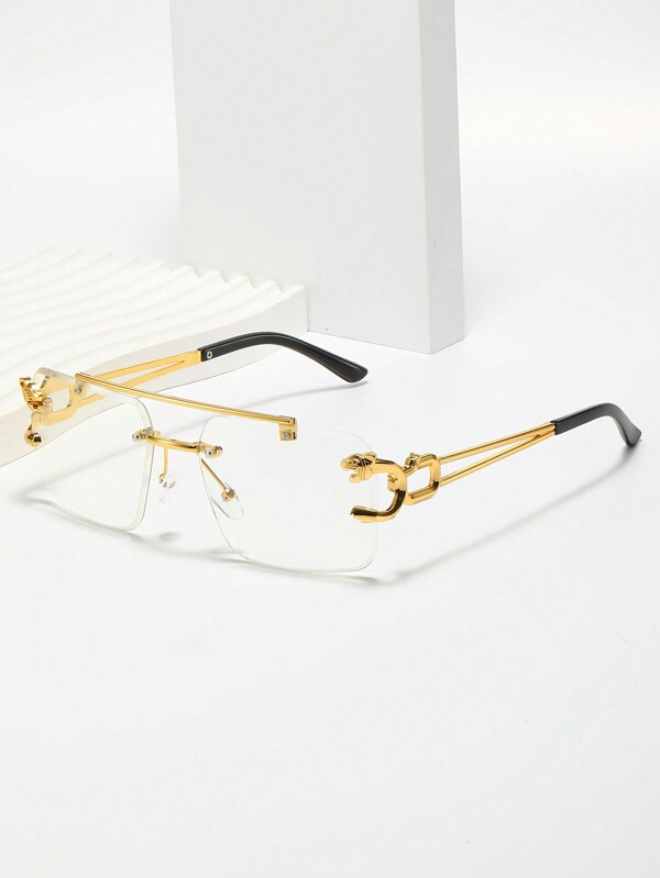 1pc Men's Metal Frameless Tiger Head Decor Rectangular Clear Lens Glasses, Autumn/Winter Halloween