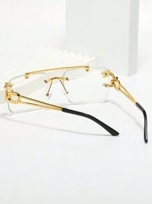 1 pièce Lunettes rectangulaires à monture métallique sans monture, avec décoration tête de tigre, verres transparents. Pour homme, pour l'automne/hiver et Halloween