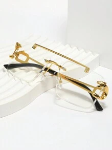 1 pièce Lunettes rectangulaires à monture métallique sans monture, avec décoration tête de tigre, verres transparents. Pour homme, pour l'automne/hiver et Halloween