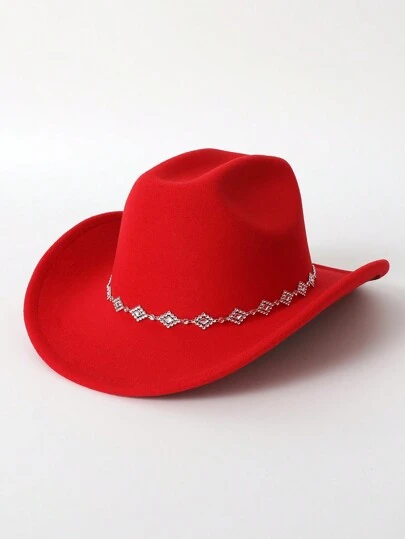 1pc Women's Solid Color Rhombus Sequin Decor Western Cowboy Elegant Casual Hat, Suitable For Daily Use