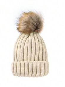 Gorro de punto de invierno para padres e hijos, con pompón esponjoso estilo coreano, gorro grueso y cálido para niños y niños pequeños - Gorro de punto con bolas de pelo sintético - Ver 26