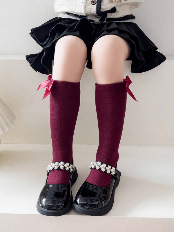 1 Pair Kids Bow Decor Long Stockings, Straight Cylinder Heelless Design, Front And Back Can Be Worn,Princess Style All Seasons