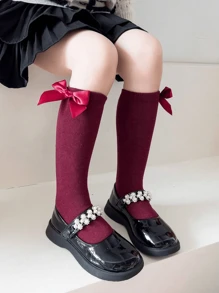 1 Pair Kids Bow Decor Long Stockings, Straight Cylinder Heelless Design, Front And Back Can Be Worn,Princess Style All Seasons - Burgundy - View 2