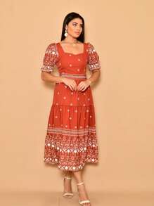 Helena Crepe Printed Midi Dress With Short Sleeves - Burnt Orange - View 4