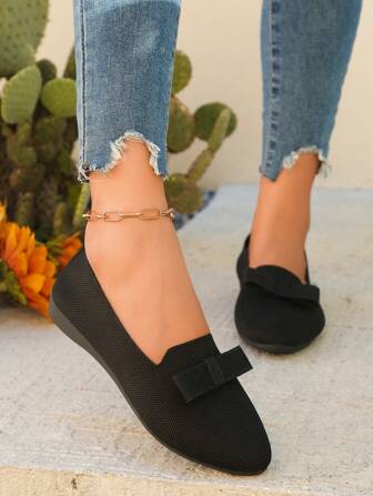 Pointed Toe Knitted Breathable Soft Bottom Loafers, Slip-On Slouchy Flat Shoes, Women Low Vamp Simplesimple Bow Flats