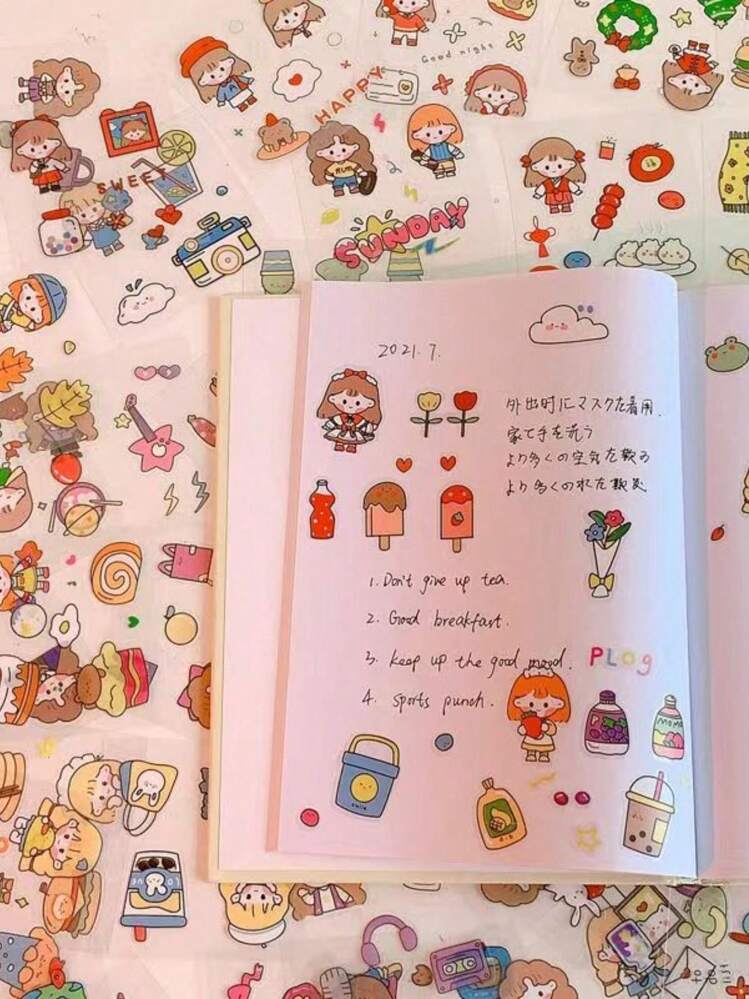 100pcs Transparent PET Stickers, Waterproof Stationery Stickers, Creative Cute Cartoon Designs For Scrapbooking, Girls - Multicolor - View 6