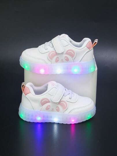 6 双时尚四季婴儿和幼儿女孩鞋，PU 皮革材质，白色运动鞋，休闲平底鞋，卡通动物图案，鞋码 13.5-18.1 厘米