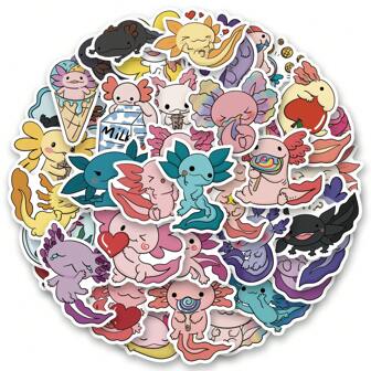 51 stuks Axolotl-stickers | Vinylstickers voor scrapbooks, dagboeken, laptops, bumpers, skateboards, waterflessen, computers, telefoons, cartoons, helmen, autostickers, schoolspullen en de start van het nieuwe schooljaar.
