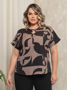 Gigi Estilo Plus Size Blouse Women's T-Shirt Drop Neck Short Sleeve Blouse G1 G2 G3 G4 - Marrón geométrico - Ver 1