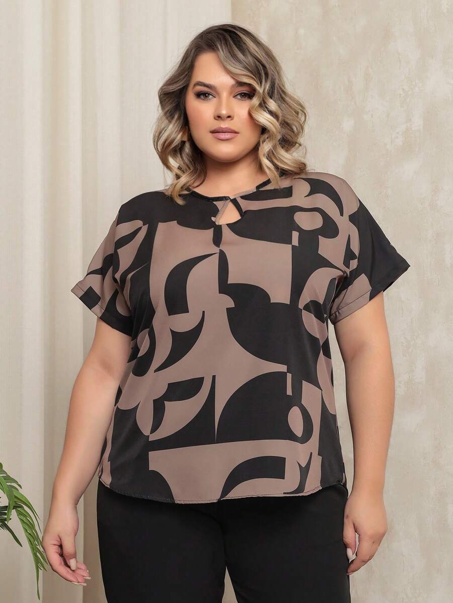 Gigi Estilo Plus Size Blouse Women's T-Shirt Drop Neck Short Sleeve Blouse G1 G2 G3 G4 - Marrón geométrico - Ver 1