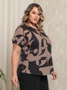 Gigi Estilo Plus Size Blouse Women's T-Shirt Drop Neck Short Sleeve Blouse G1 G2 G3 G4 - Marrón geométrico - Ver 5