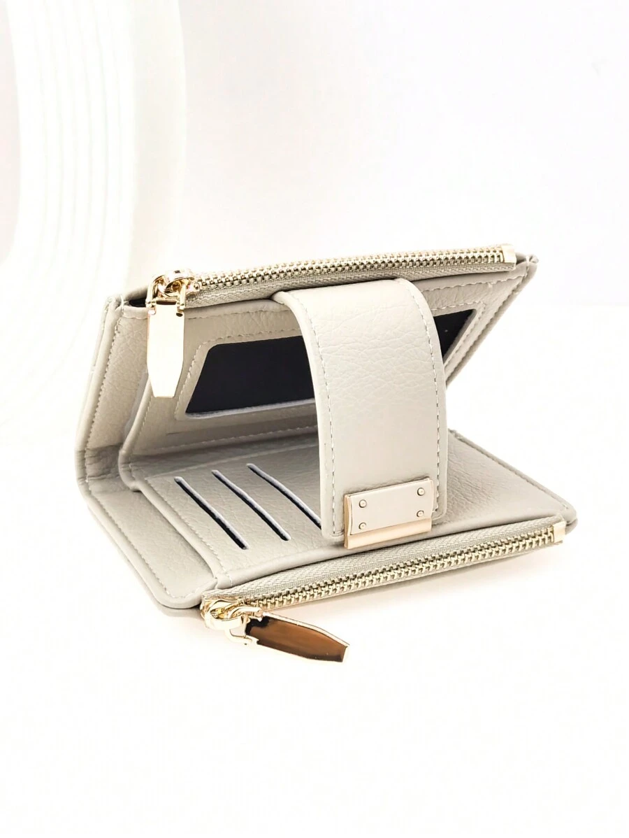 新款女式短款按扣钱包 柔软 PU 皮革 双拉链零钱包 简约时尚钱包 长卡包 卡包 女士礼物 钱包 钱包 小钱包