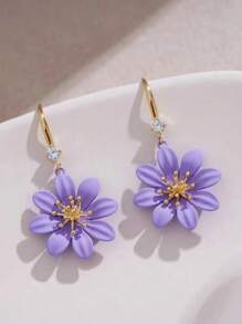 LUMIDIYA 1Pair Of Purple Chrysanthemum Flower Pendant Earrings, Multifunctional Minimalist Jewelry, Summer Earrings Creative Gift For Women And Girls - Purple - View 2