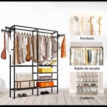 1 多功能三层双层衣柜，不锈钢支架，容量大，可存放衣服、鞋子、玩具等。万圣节装饰万圣节服装秋季装饰节日装饰 - 黑色 - 查看 3