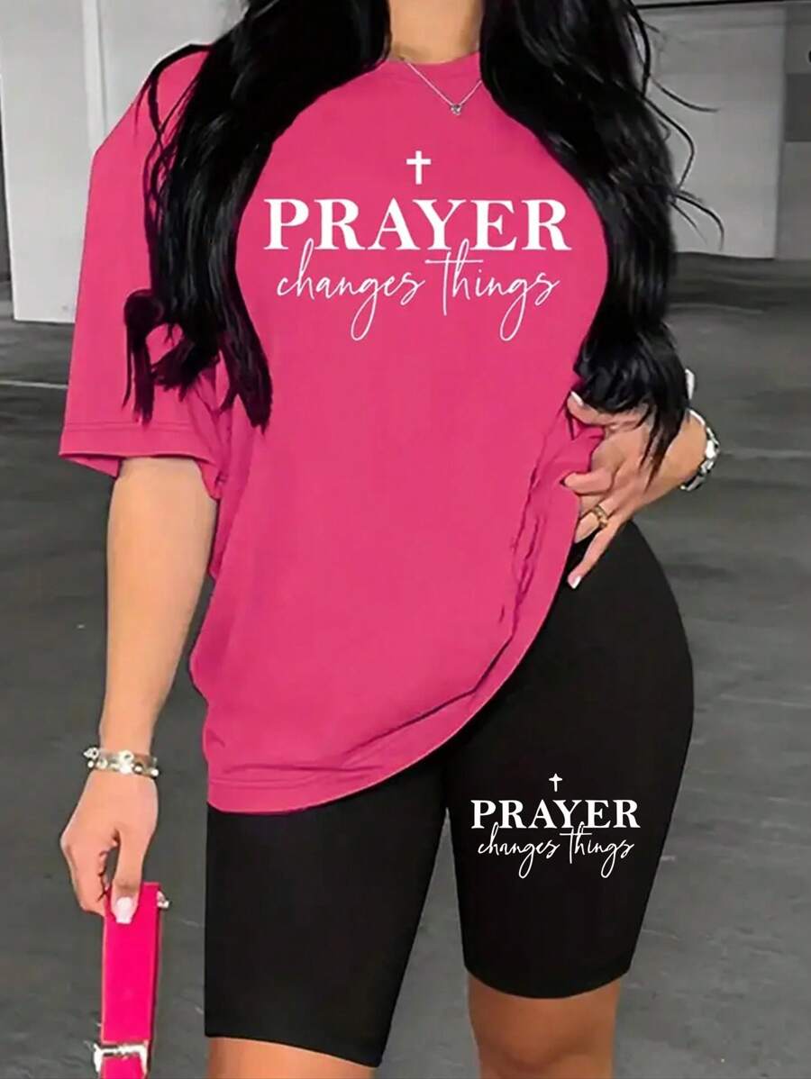Plus Size Letter Print Two Pieces, Casual Short Sleeve T-Shirt & Biker Shorts Outfits, Women's Plus Size Clothing - Màu Hồng Tươi - Xem 1