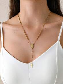 1pc Fashionable Stainless Steel Bead Decor Cross Pendant Necklace For Women For Daily Decoration
