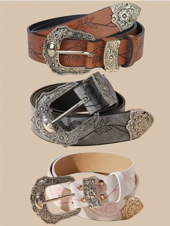 Western Style Floral Print Solid Color PU Leather Belt With Buckle, Retro Casual Belt For Women Halloween Fall, Autumn, Halloween
