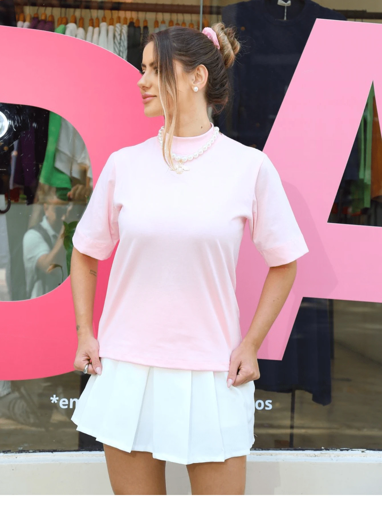 High-Neck Cotton Tshirts Inspired By Zaara, Plain T-Shirt, Basic Casual, Stripped, Women's Blouse, T-Shirt, 100% Cotton, Fashion Tee, Summer 2024 - 淺粉色 - 查看 1