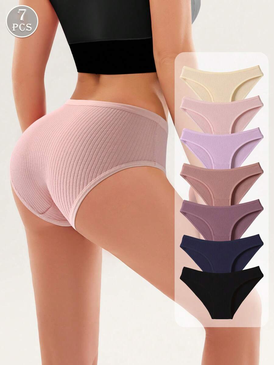 7pcs/Pack Women's Low Waist Multicolor Cotton Ribbed Briefs, Comfortable, Simple & Fashionable Soft Skin-Friendly Underwear