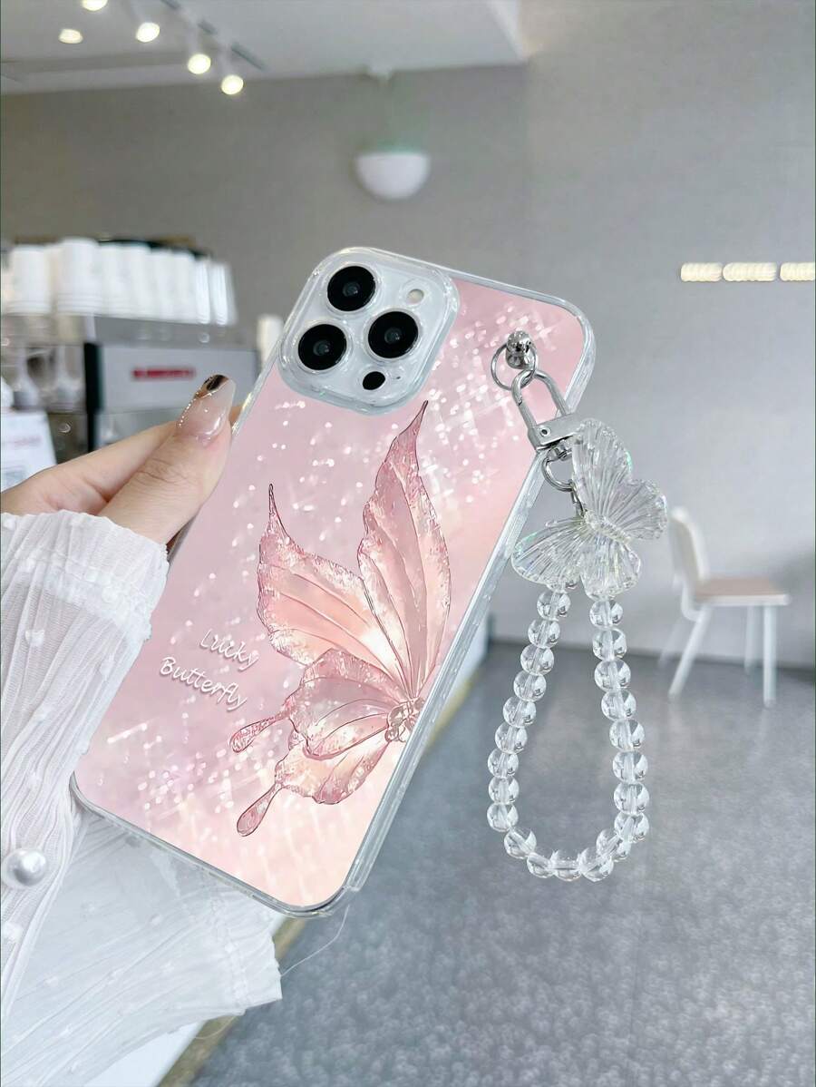 1pc Transparent TPU Pink Butterfly Protective Phone Case With 1pc Matching Transparent Butterfly Wrist Strap Compatible With Iphone Compatible With OPPO Phone Cases/Compatible With Galaxy Compatible With OPPO A54/Compatible With Galaxy A54/Compatible With Galaxy S24 Ultra 5G/Compatible With Redmi Note 13/Compatible With Galaxy A14/Compatible With Galaxy A32 4G Anti-Fall Scratch Resistant, International Version, Not The Domestic Version - Multicolor - View 1