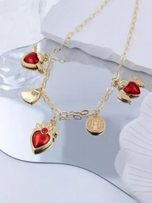 Collar con colgante con dije con forma de corazón rojo y tono dorado con cierre de circonita, adecuado para niñas y mujeres para uso diario, fiesta, cumpleaños, citas, regalo de joyería de moda creativa hecha a mano - Rojo - Ver 7